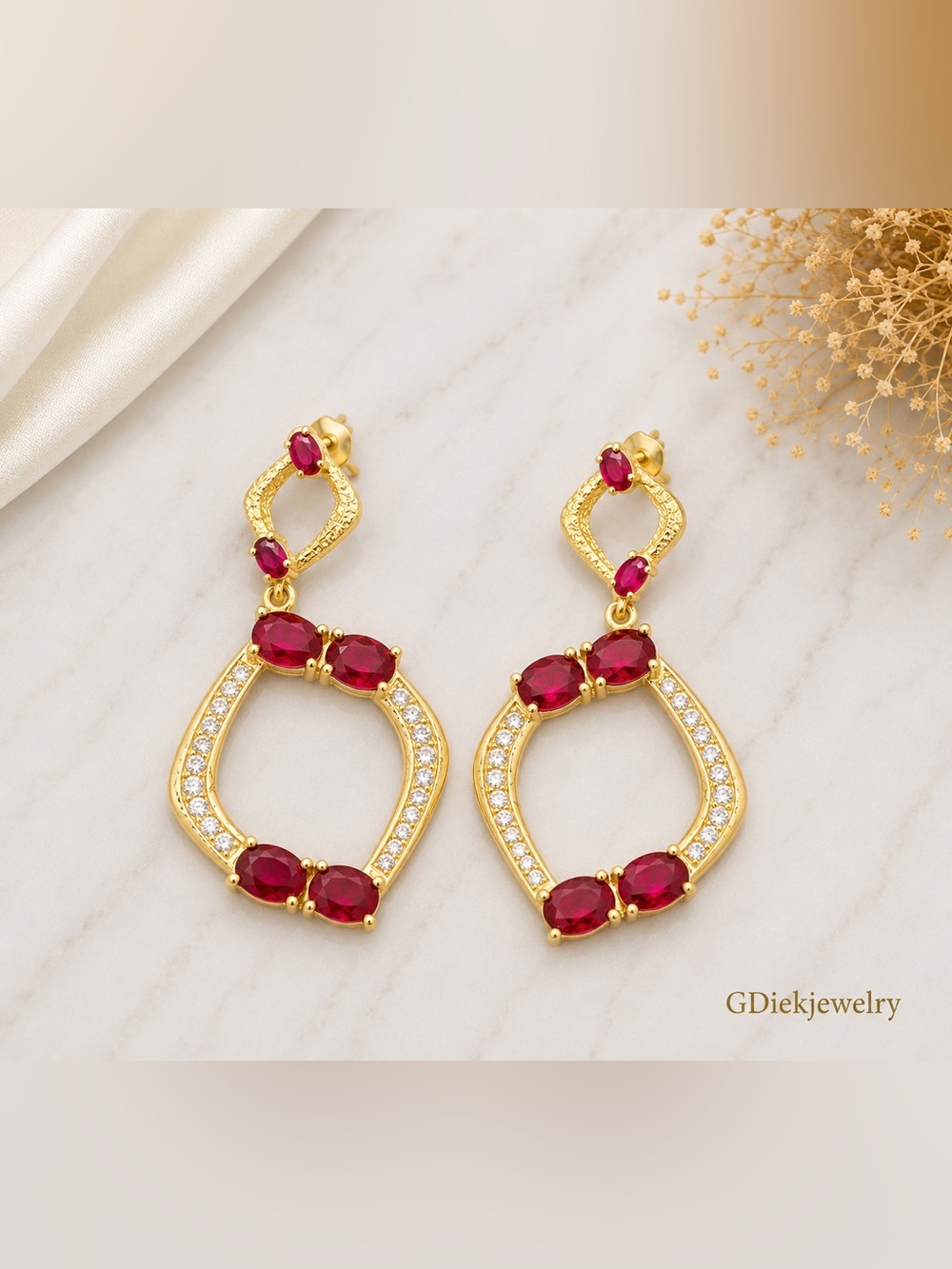 Goldfilled  Red Crystal Drop Earrings